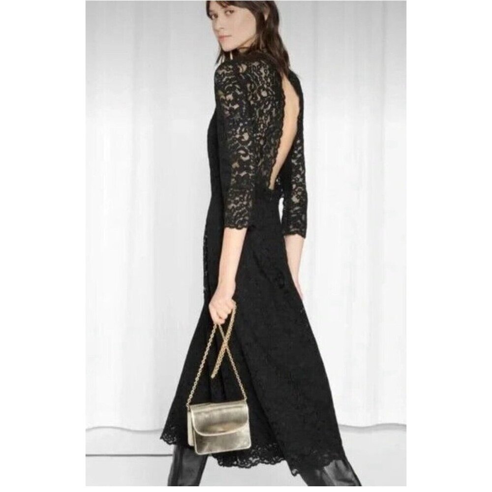 & Other Stories Stockholm Atelier Black Lace Midi Dress Sz 10 Open back NWT